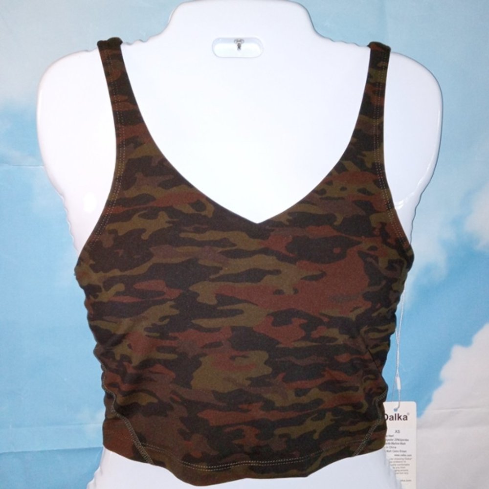 Oalka Crop Top Heart Neck Sports Bra in Multi Camo Brown NEW